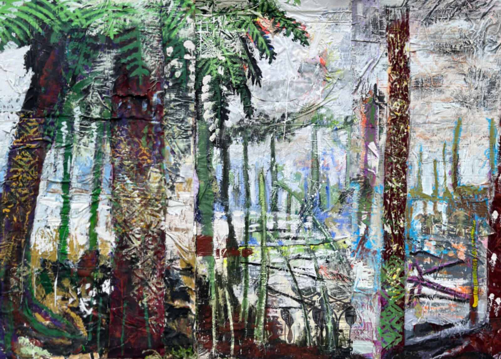 Carboniferous Horizon artwork by Liz Neal, showing layered green forest forms and fossil swamp imagery.